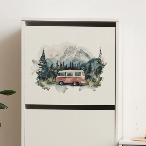 Stickers Muraux Van de Jungle Rétro à l'Aquarelle PVC Autocollant Paysage de Forêt de Montagne pour Chambre d'Enfant