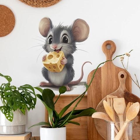 3D Cute Cartoon Mouse Holding Cheese Wall Sticker Removable Waterproof PVC Self Adhesive Decal For Kitchen Bedroom Home Decor