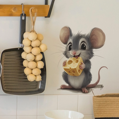 3D Cute Cartoon Mouse Holding Cheese Wall Sticker Removable Waterproof PVC Self Adhesive Decal For Kitchen Bedroom Home Decor