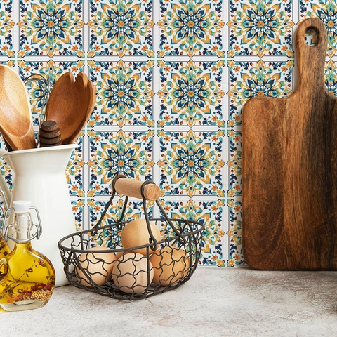 Pegatinas para Azulejos Florales Vintage de PVC Impermeable Autoadhesivo Calcomanías de Pared para Cocina Baño Decoración del Hogar