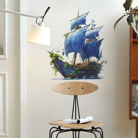 Sticker Mural Voilier Bleu Fantaisie Avec Plantes Vertes PVC Autocollant Amovible pour Chambre d'Enfant Décoration Maison