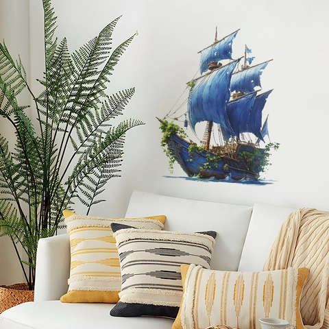 Sticker Mural Voilier Bleu Fantaisie Avec Plantes Vertes PVC Autocollant Amovible pour Chambre d'Enfant Décoration Maison