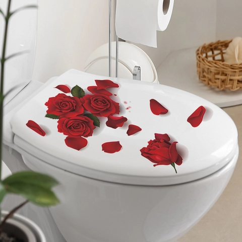 3D Rote Rose Blume Toilettendeckel Aufkleber Abnehmbares PVC Selbstklebend Badezimmer Wandtattoo Dekoratives Floral Mural