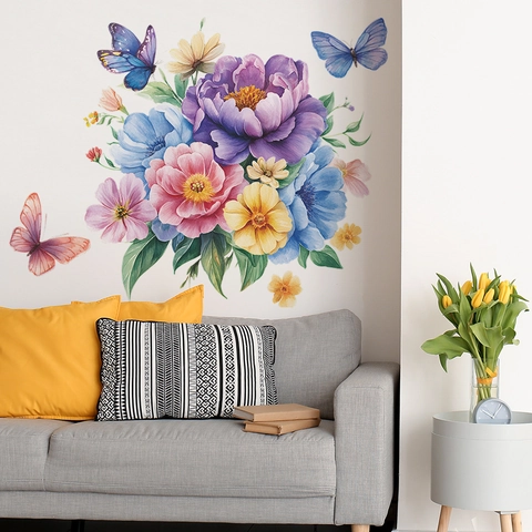 Adesivo da Parete Con Fiori Colorati e Farfalle in PVC Rimovibile Autoadesivo Decalcomania Floreale Per Soggiorno Camera da Letto