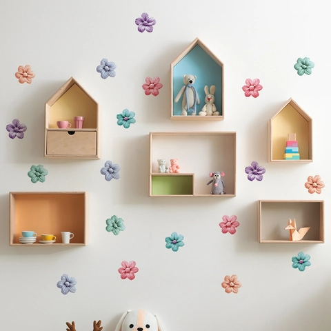 Stickers Muraux Fleur Texture Tricotée 3D Pour Chambre d'Enfant PVC Auto-Adhésif Amovible Floral Décalcomanies Décor Maison