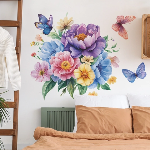 Adesivo da Parete Con Fiori Colorati e Farfalle in PVC Rimovibile Autoadesivo Decalcomania Floreale Per Soggiorno Camera da Letto