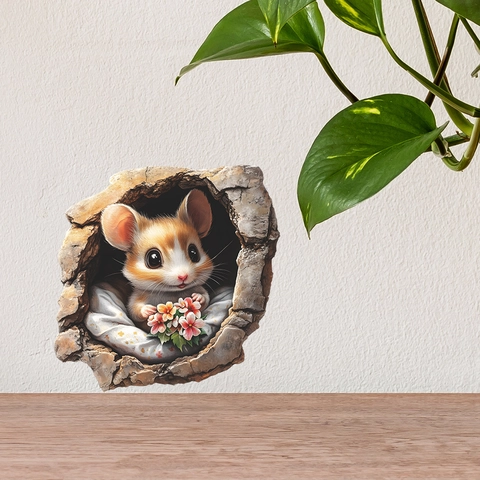 3D Muisgat Muursticker PVC Cartoon Dier Muis Met Bloem Verwijderbare Decoratieve Sticker Voor Kinderkamer Woonkamer Huis
