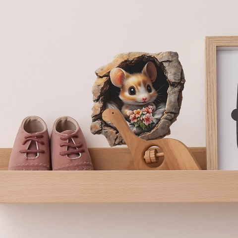 3D Muisgat Muursticker PVC Cartoon Dier Muis Met Bloem Verwijderbare Decoratieve Sticker Voor Kinderkamer Woonkamer Huis