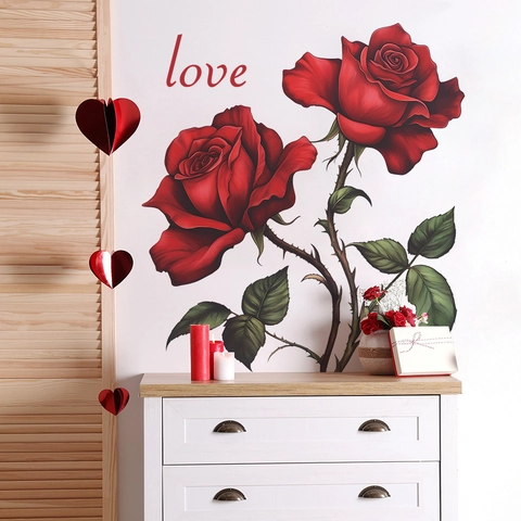 Romantische Rote Rose LOVE Schrift Wandaufkleber PVC Selbstklebend Floral Dekor Für Schlafzimmer Wohnzimmer Haus Dekoration