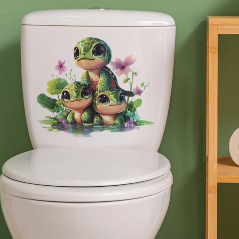 Cute Cartoon Turtle Toilet Decal Waterproof PVC Bathroom Wall Sticker Removable Sea Turtle Flower Decor For Bedroom Home