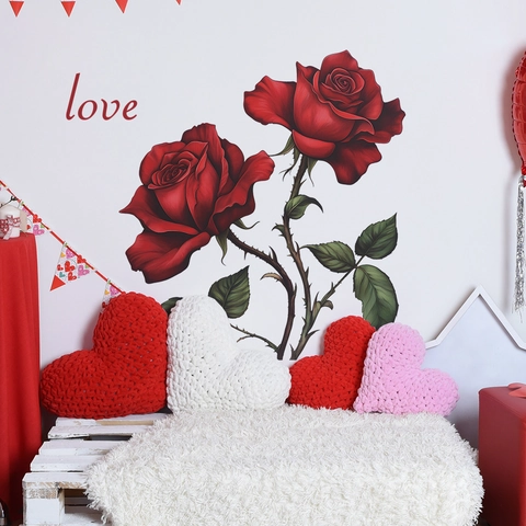 Romantische Rote Rose LOVE Schrift Wandaufkleber PVC Selbstklebend Floral Dekor Für Schlafzimmer Wohnzimmer Haus Dekoration