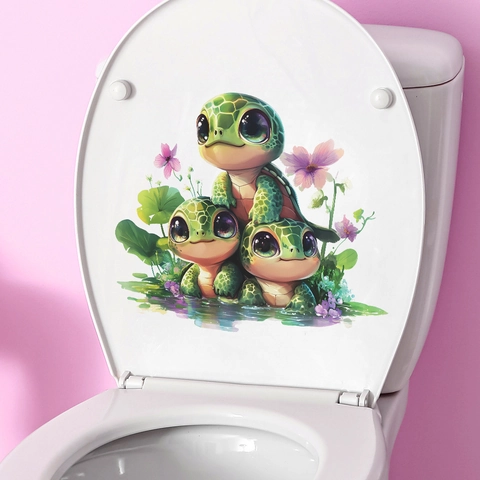 Cute Cartoon Turtle Toilet Decal Waterproof PVC Bathroom Wall Sticker Removable Sea Turtle Flower Decor For Bedroom Home