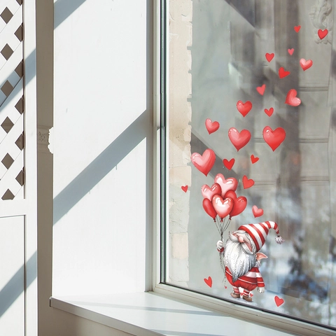 Valentinstag Gnom Wandtattoo Herz Ballon Rot Abnehmbare PVC Fensteraufkleber Für Schlafzimmer Heim Eingangsbereich Dekoration