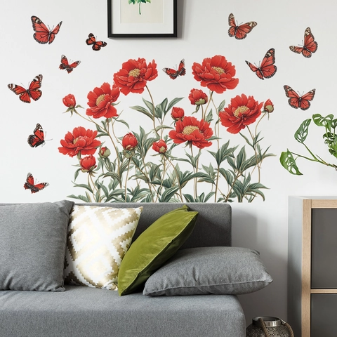 Red Peony Flower Butterfly Wall Sticker PVC Removable Self-Adhesive Mural For Living Room Bedroom Home Decor Art Decal