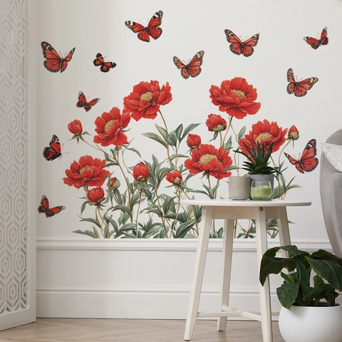 Red Peony Flower Butterfly Wall Sticker PVC Removable Self-Adhesive Mural For Living Room Bedroom Home Decor Art Decal
