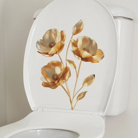 Gold Flower Wall Sticker Metallic PVC Removable Self Adhesive Decal For Bathroom Toilet Bedroom Home Decor