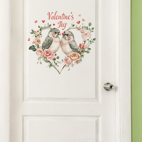 Valentine's Day Heart Floral Wreath Birds Wall Sticker PVC Waterproof Self Adhesive Decal For Bedroom Home Door Decor