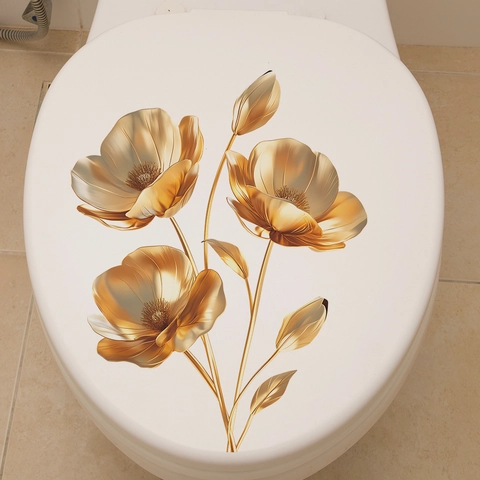 Gold Flower Wall Sticker Metallic PVC Removable Self Adhesive Decal For Bathroom Toilet Bedroom Home Decor