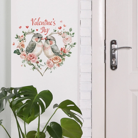 Valentine's Day Heart Floral Wreath Birds Wall Sticker PVC Waterproof Self Adhesive Decal For Bedroom Home Door Decor