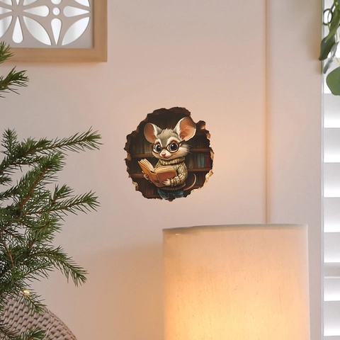 3D Locheffekt Maus Liest Buch Wandaufkleber Kreatives Cartoon PVC Dekal Für Wohnzimmer Schlafzimmer Schlafsaal Dekor