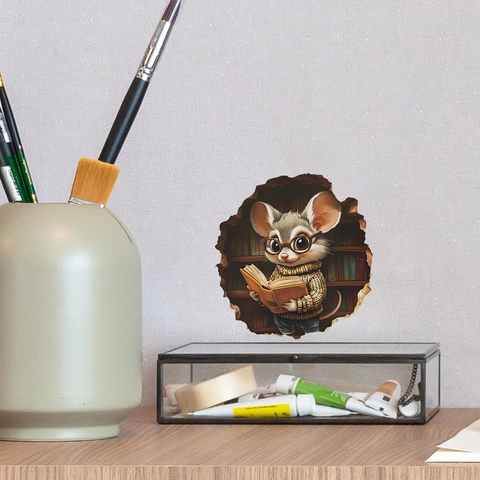 3D Locheffekt Maus Liest Buch Wandaufkleber Kreatives Cartoon PVC Dekal Für Wohnzimmer Schlafzimmer Schlafsaal Dekor