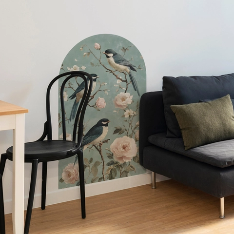 Adesivo da Parete ad Arco in Stile Cinese Vintage Motivo Retro Fiori e Uccelli PVC Autoadesivo per Decorazione Casa