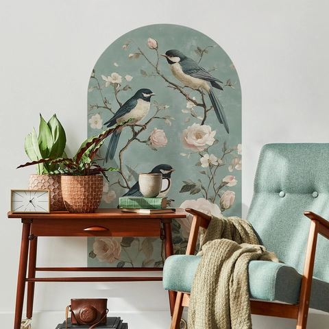 Adesivo da Parete ad Arco in Stile Cinese Vintage Motivo Retro Fiori e Uccelli PVC Autoadesivo per Decorazione Casa
