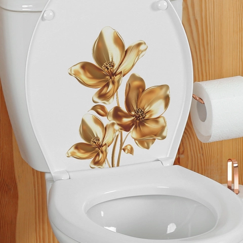 Adesivo da Parete 3D Fiore Effetto Metallico Oro Decalcomania PVC Autoadesiva Rimovibile per Coperchio WC Bagno Casa