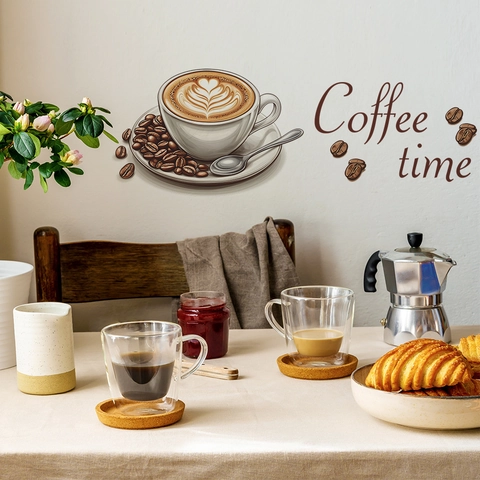 Coffee Time Theme Removable PVC Wall Sticker Heart Latte Art Beans Decal For Kitchen Dining Room Cafe Living Room Decor