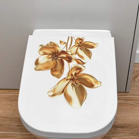 Adesivo da Parete 3D Fiore Effetto Metallico Oro Decalcomania PVC Autoadesiva Rimovibile per Coperchio WC Bagno Casa