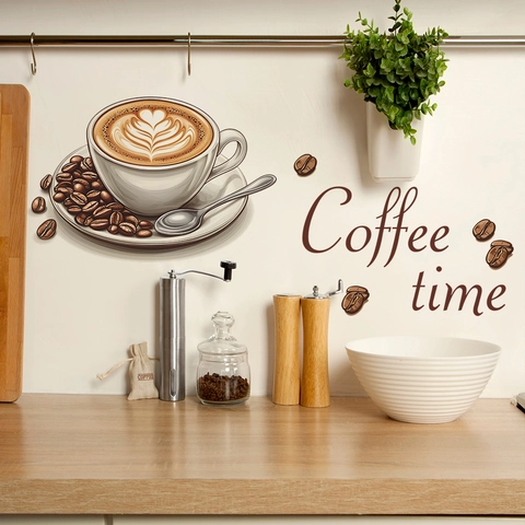 Coffee Time Theme Removable PVC Wall Sticker Heart Latte Art Beans Decal For Kitchen Dining Room Cafe Living Room Decor