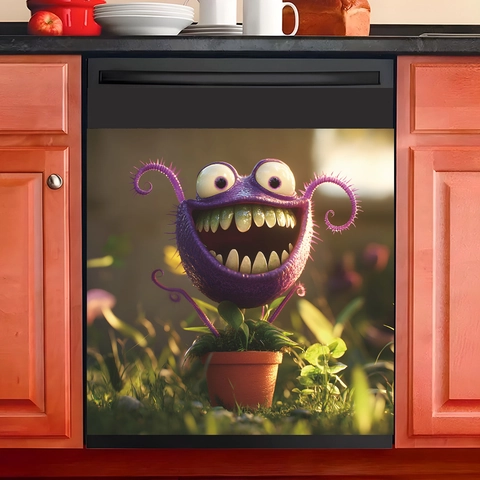3D Cartoon Purple Monster Potted Plant Kitchen Dishwasher Sticker Self Adhesive Waterproof PVC Home Decor Wall Decal
