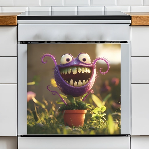 3D Cartoon Purple Monster Potted Plant Kitchen Dishwasher Sticker Self Adhesive Waterproof PVC Home Decor Wall Decal