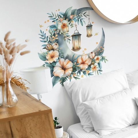 Calcomanía de Pared Luna Floral PVC Decoración Mural Extraíble Para Dormitorio Sala de Estar Eid Ramadan Linterna Estrellas