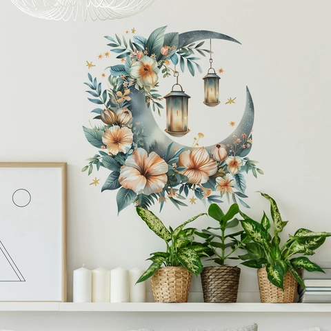 Calcomanía de Pared Luna Floral PVC Decoración Mural Extraíble Para Dormitorio Sala de Estar Eid Ramadan Linterna Estrellas