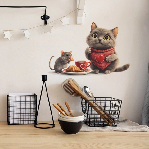 Adesivo da Parete Cartoon Gatto E Topo Tè Pomeridiano Caffè PVC Autoadesivo Decalcomania Decorativa Per Cucina Bar Casa