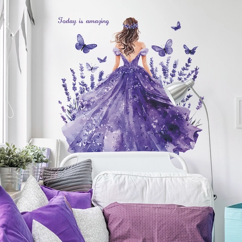 Adesivo da Parete Acquerello Ragazza Lavanda Farfalla Viola Rimovibile Autoadesivo Decalcomania Fiore per Decorazione Casa Camera