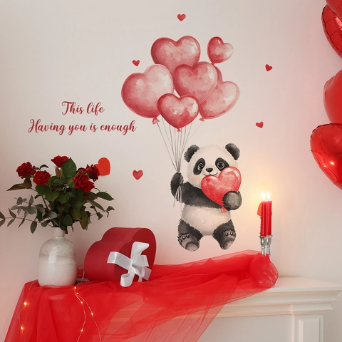 Cute Watercolor Panda With Red Heart Balloons Wall Sticker Removable PVC Decal For Valentine Day Home Bedroom Decoration