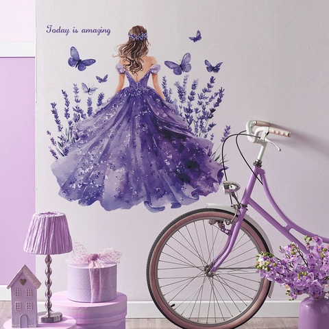 Adesivo da Parete Acquerello Ragazza Lavanda Farfalla Viola Rimovibile Autoadesivo Decalcomania Fiore per Decorazione Casa Camera