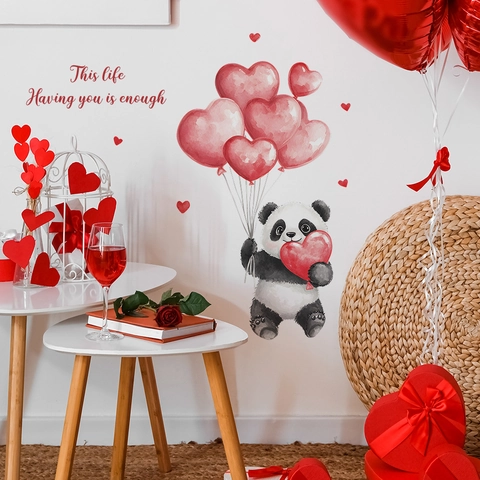 Cute Watercolor Panda With Red Heart Balloons Wall Sticker Removable PVC Decal For Valentine Day Home Bedroom Decoration