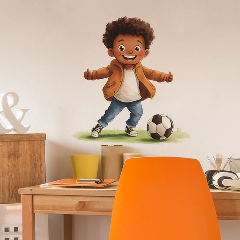 Cartoon Soccer Boy Wall Sticker Self-Adhesive PVC Decal For Kids Room Nursery Bedroom Hallway Removable Home Decor