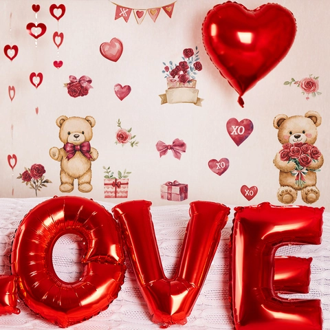 Valentinstag Teddybär Rose Herz Wandtattoo PVC Abnehmbar Selbstklebend Zimmer Deko Für Schlafzimmer Wohnheim Haus Dekoration