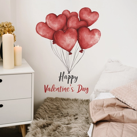 Happy Valentine's Day Herzballon Wandtattoo PVC Selbstklebend Abnehmbar Aufkleber Für Schlafzimmer Deko Rot Aquarell Stil