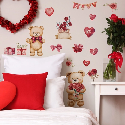 Valentinstag Teddybär Rose Herz Wandtattoo PVC Abnehmbar Selbstklebend Zimmer Deko Für Schlafzimmer Wohnheim Haus Dekoration