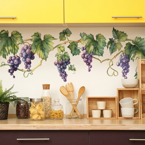 Vinilos Decorativos de Vid de Uva Morada Acuarela PVC Removibles Autoadhesivos Para Cocina Comedor Decoración del Hogar