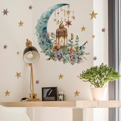Pegatina De Pared Removible Con Luna Flores Estrellas Linterna De PVC Calcomanía Decorativa Para Sala De Estar Dormitorio Hogar DIY Arte De Pared