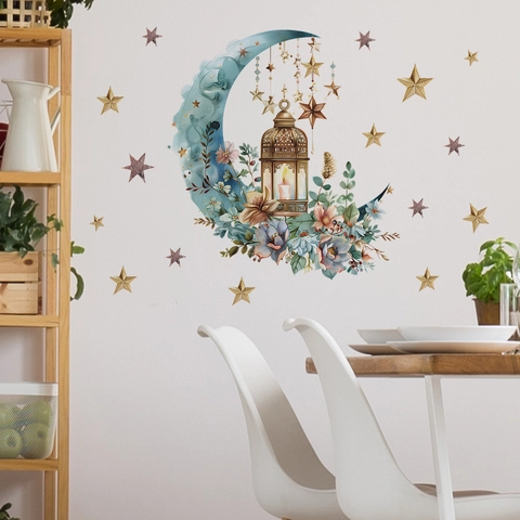 Pegatina De Pared Removible Con Luna Flores Estrellas Linterna De PVC Calcomanía Decorativa Para Sala De Estar Dormitorio Hogar DIY Arte De Pared