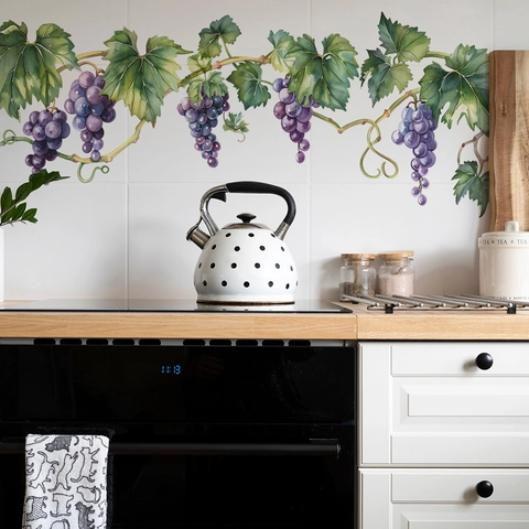 Vinilos Decorativos de Vid de Uva Morada Acuarela PVC Removibles Autoadhesivos Para Cocina Comedor Decoración del Hogar