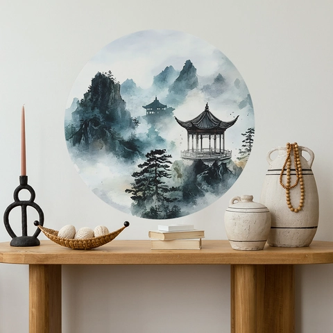 Chinesische Tuschmalerei Landschaft Rundes Wandtattoo PVC Abnehmbar Berg Pavillon Kunst Aufkleber Für Wohnzimmer Schlafzimmer Deko