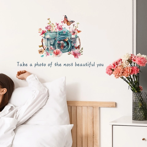 Pegatina de Pared Vintage Cámara Flores Mariposa PVC Removible Autoadesiva Cita Arte Mural para Decoración de Dormitorio